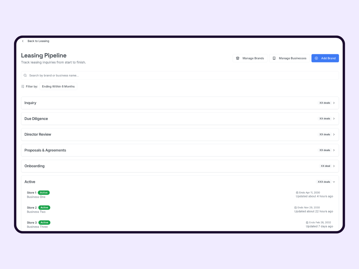 Leasing Pipeline with stages from Inquiry through to Active tenants