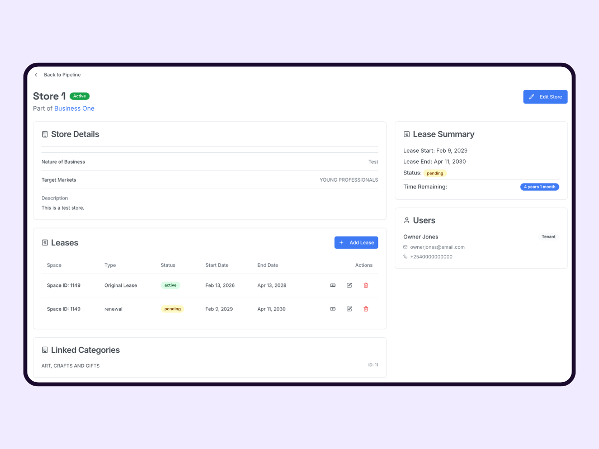 Store detail view showing lease history, status, and tenant contact