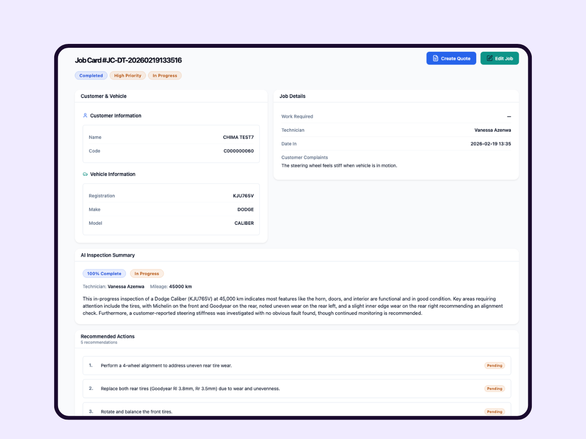 Job card with AI-generated vehicle inspection summary and recommended actions