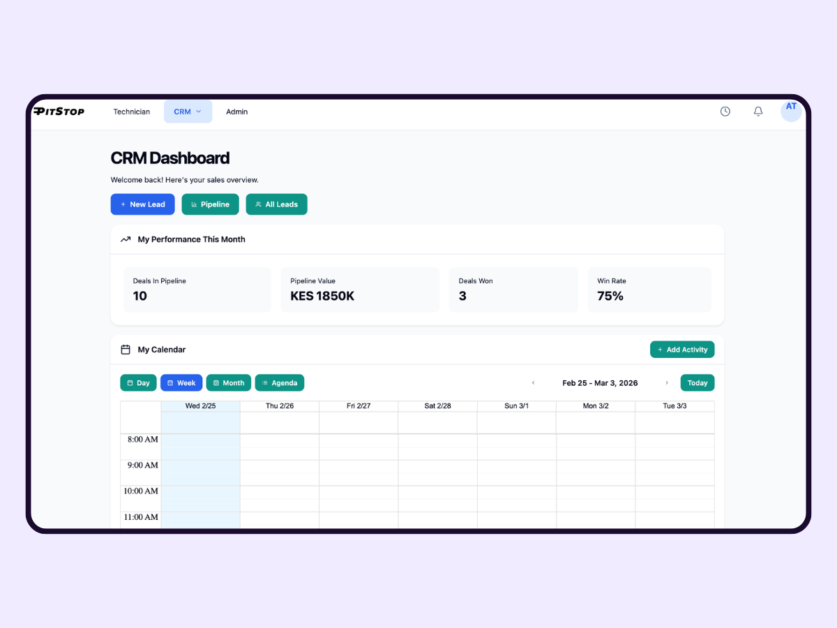 CRM Dashboard showing sales performance metrics and activity calendar